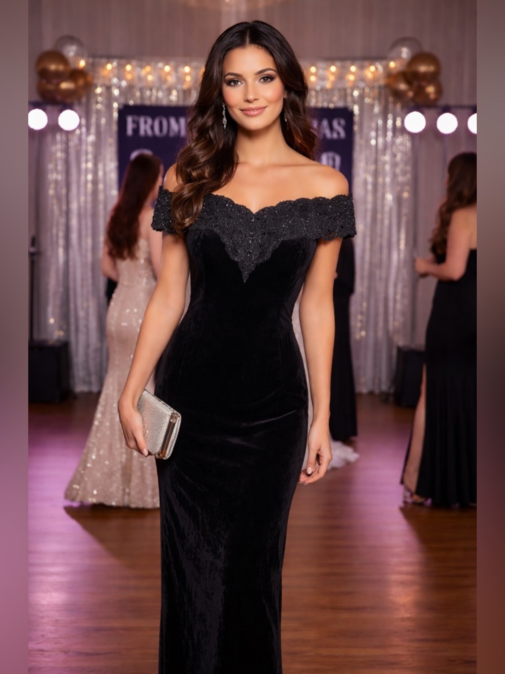 Vintage Bari Jay Black Velvet Off Shoulder Prom Formal Dress Gown 8 10 12